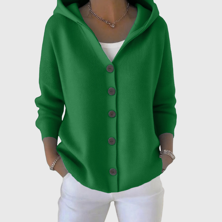 Felpa cardigan donna versatile con cappuccio e bottoni. Look comodo per autunno e inverno.