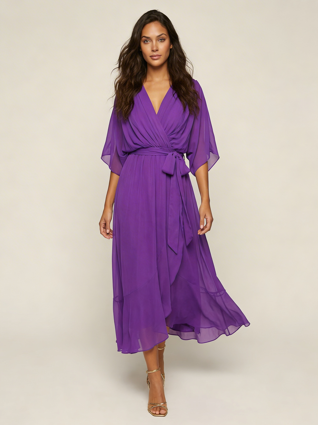 Abito midi elegante a portafoglio, da donna, taglio fluido, per cerimonia, festa, o look casual chic.