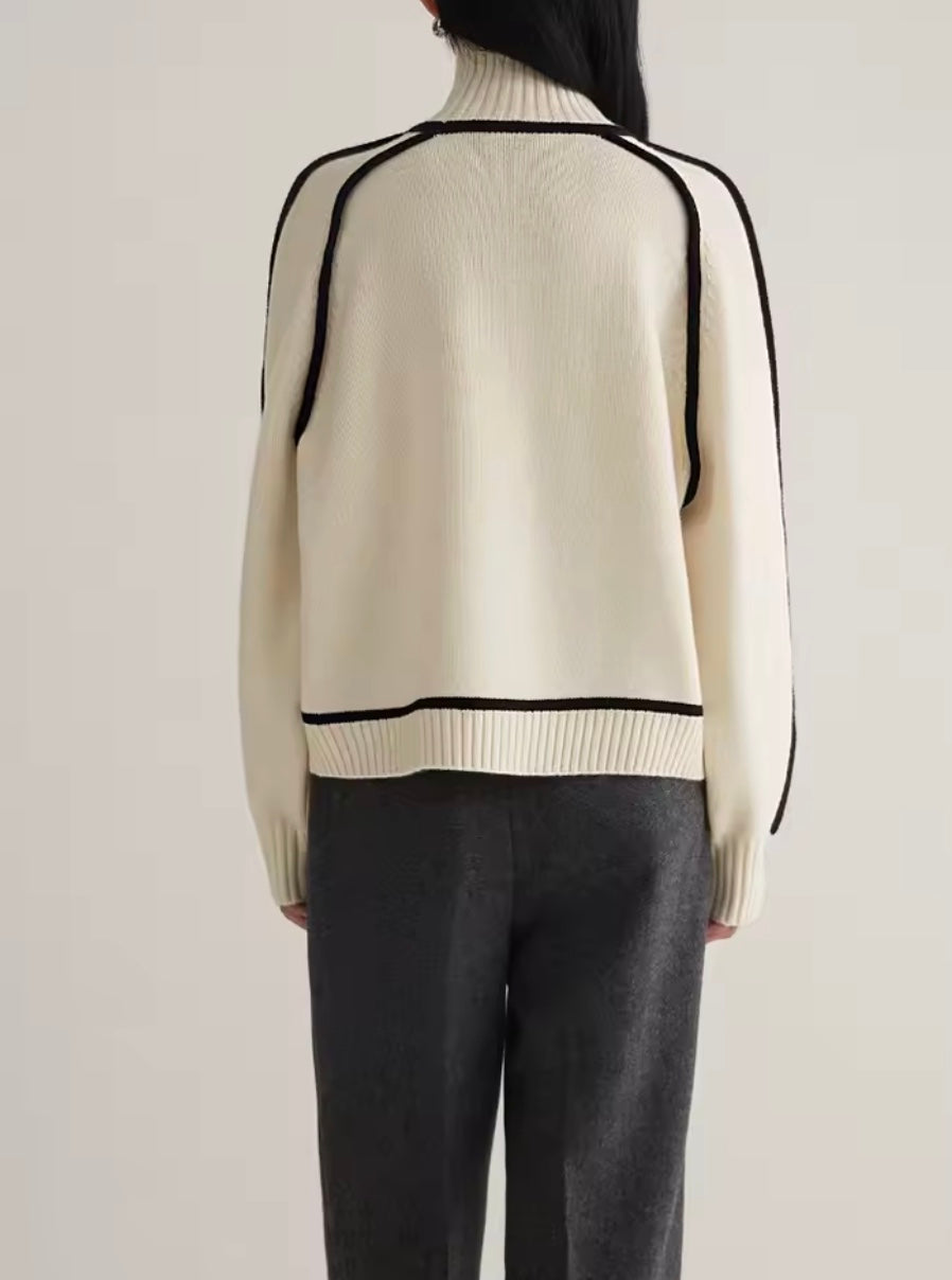 Caldo maglione dolcevita donna color block, versatile per moda inverno. Abbigliamento casual e confortevole.