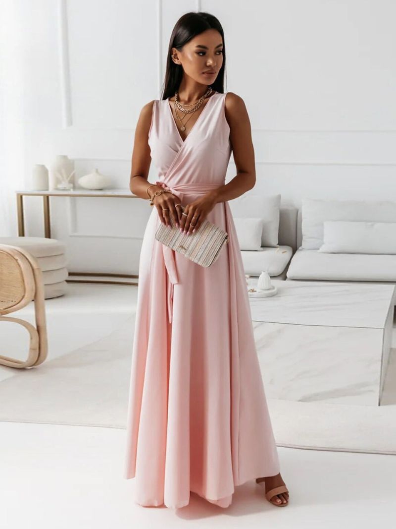 Abito lungo da sera donna elegante con scollo a V, perfetto per cerimonie e eventi formali.