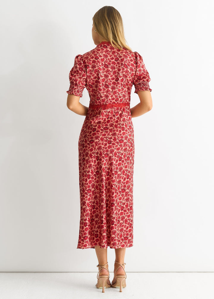 Vestito midi donna casual chic con scollo a V e pizzo floreale. Ideale per moda donna e taglie grandi.