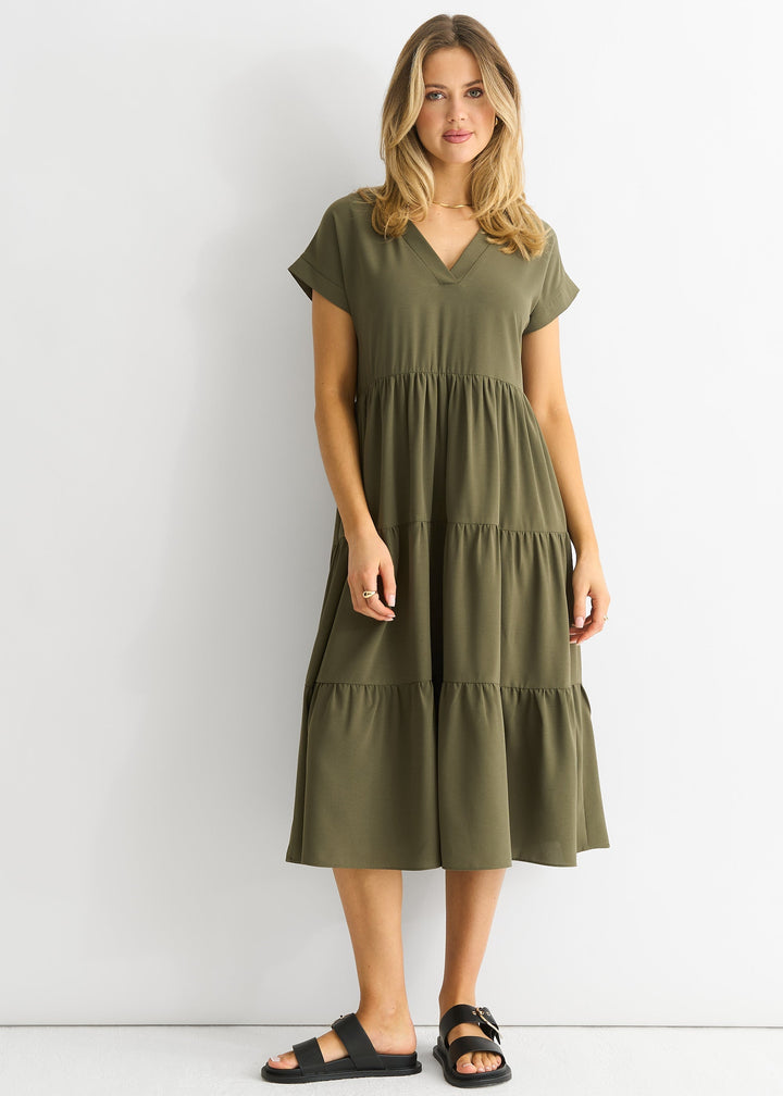 Abito midi donna smock casual con scollo a V profondo, perfetto per la moda primavera estate.