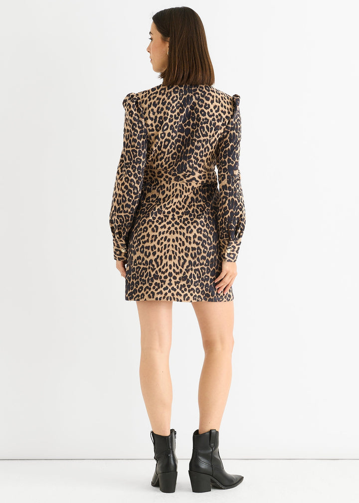 Abito corto donna autunno/inverno, mini dress marrone stampa animalier con tocco militare, moda versatile.