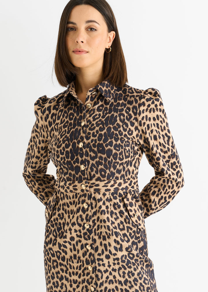 Mini dress donna elegante e casual, stampa animalier marrone con richiami militari, ideale per ogni occasione.