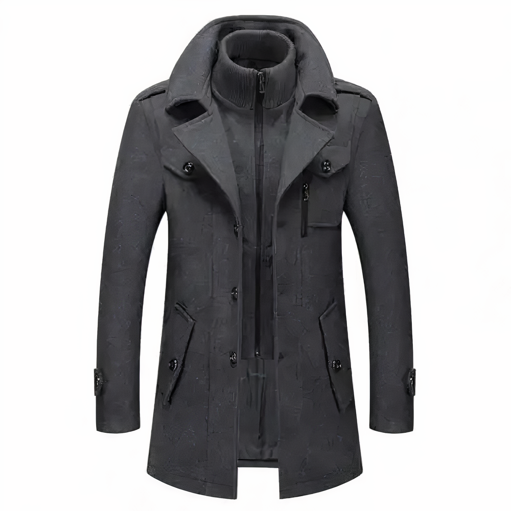 Cappotto da uomo invernale con doppio collo. Design slim fit, classico ed elegante per la moda maschile.