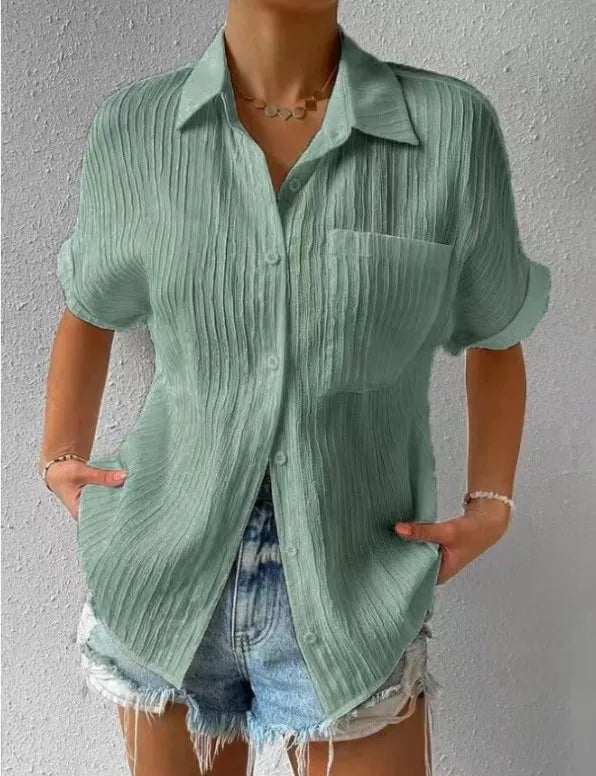Elegante camicetta donna a manica corta per primavera/estate, look versatile da ufficio o tempo libero.