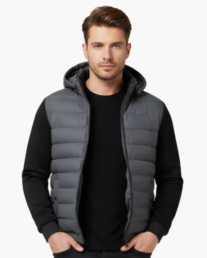 Giacca trapuntata uomo con cappuccio, perfetta per outfit urbani, caldi e versatili.