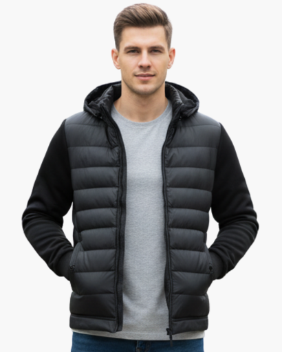 Moderna giacca uomo trapuntata con cappuccio, perfetta per stile urbano e comfort in inverno.