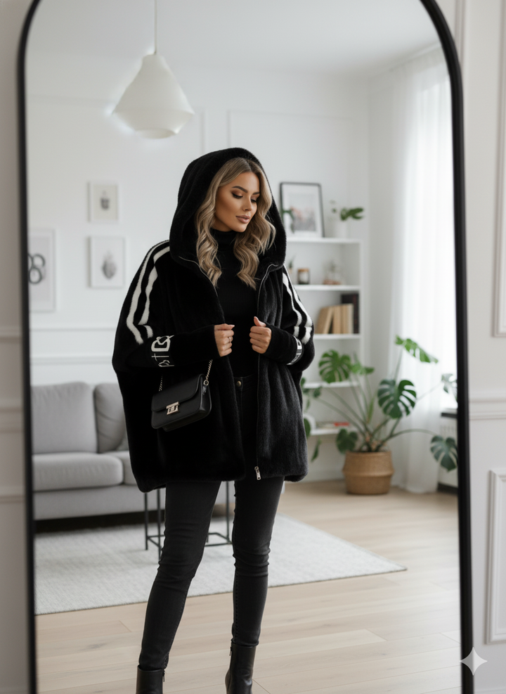 Tendenza moda: cappotto invernale donna con cappuccio, dettagli a contrasto. Caldo e versatile.