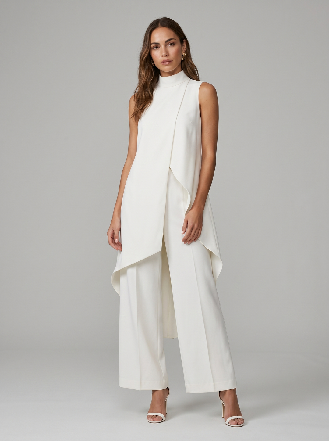 Completo donna elegante due pezzi, collo alto senza maniche e pantaloni fluidi in posa frontale.
