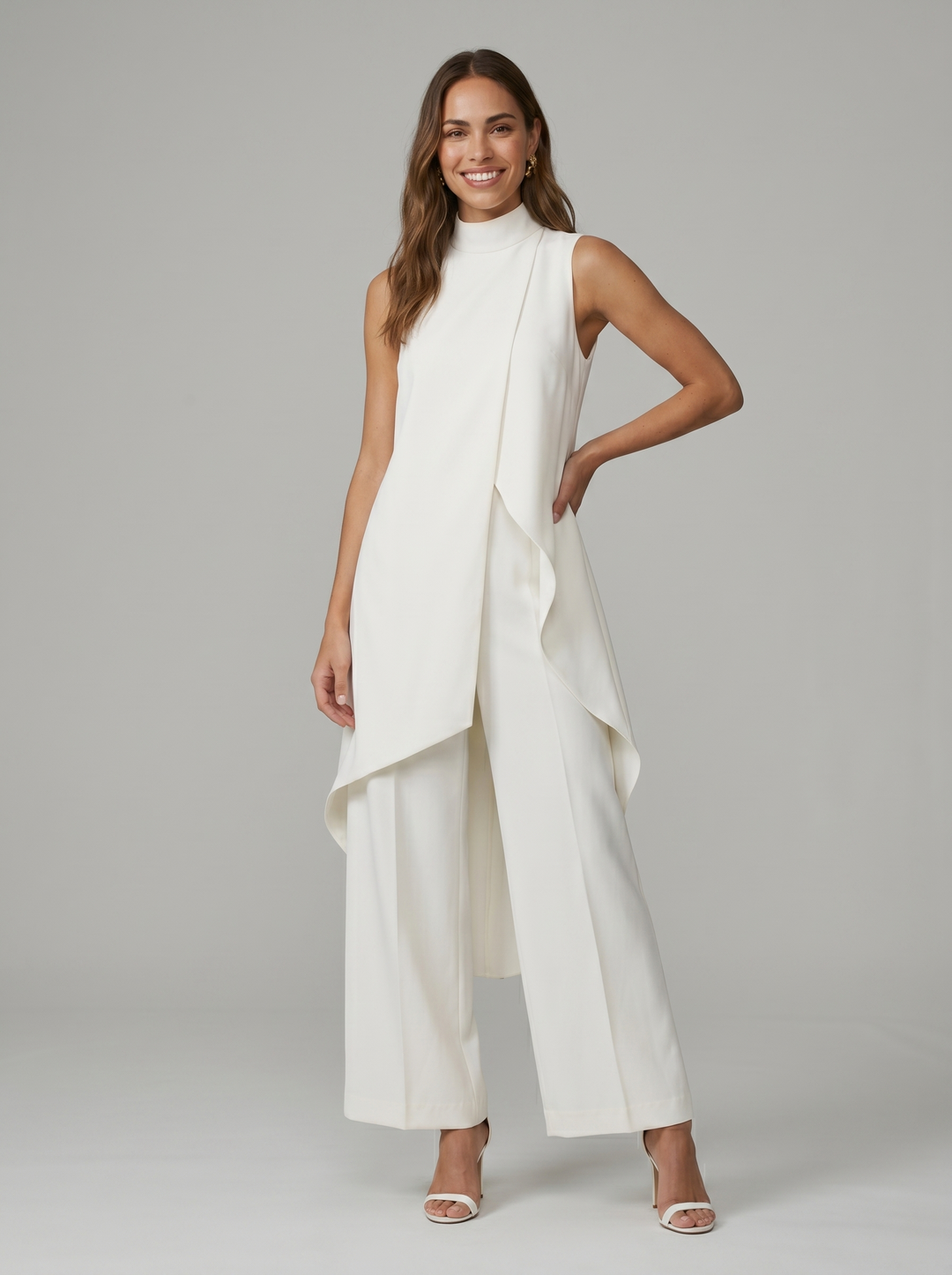 Modella mostra il retro del completo donna: top collo alto e pantaloni fluidi eleganti e leggeri.