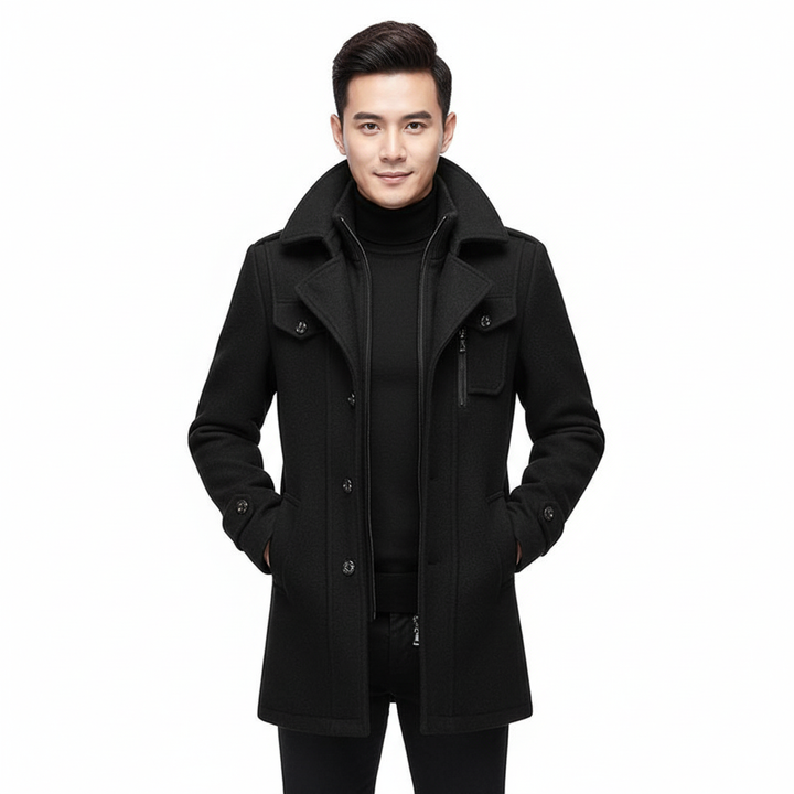 Caldo cappotto uomo invernale monopetto, ideale per un look sofisticato e protettivo dal freddo.