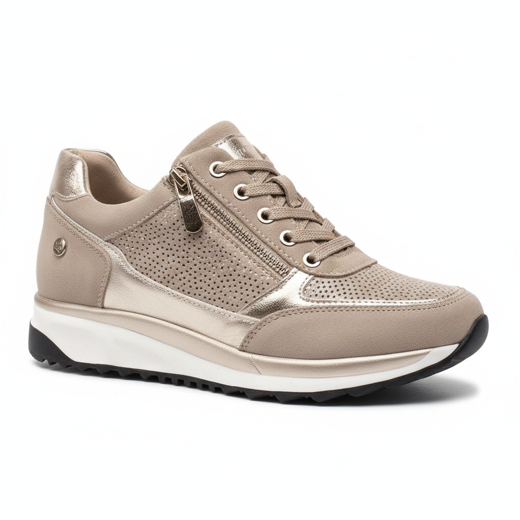 Scarpe da ginnastica donna comode con zeppa, platform, zip per facile calzata e decorazioni strass.