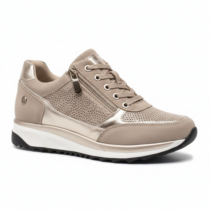 Scarpe da ginnastica donna comode con zeppa, platform, zip per facile calzata e decorazioni strass.