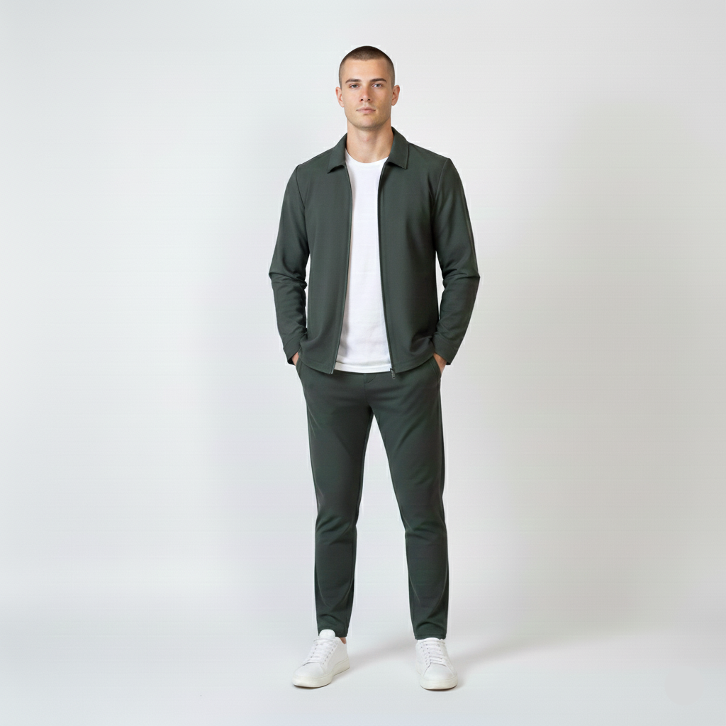 Completo tuta uomo nero casual minimalista, con felpa e pantaloni, per comfort quotidiano e stile rilassato.