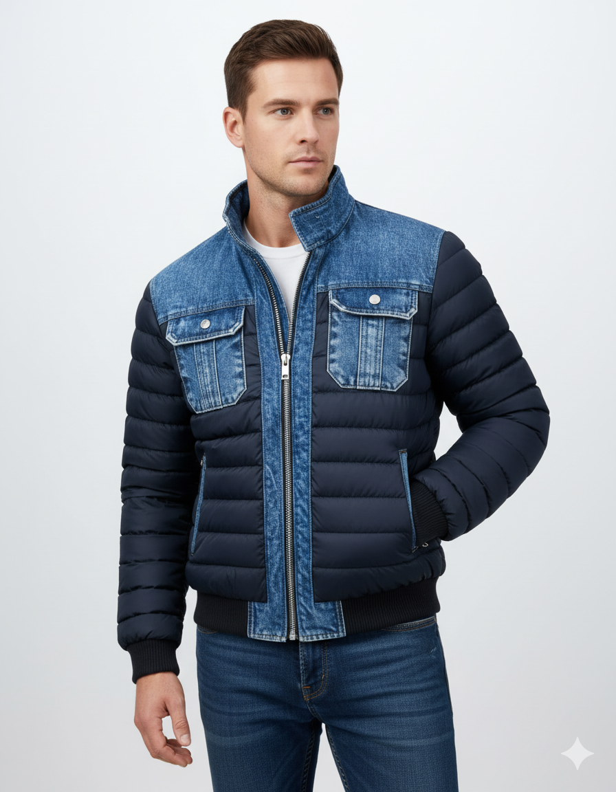 Giacca uomo autunnale ibrida trapuntata blu navy. Vestibilità sartoriale, design moderno ed elegante per il freddo.