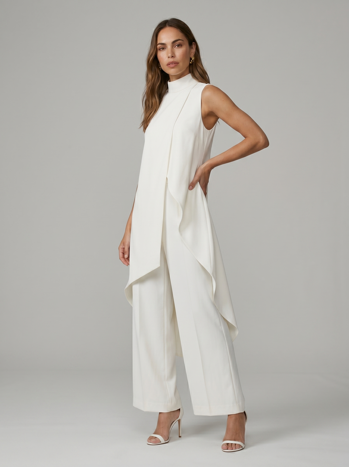Frontale completo donna elegante, top senza maniche collo alto e pantaloni ampi fluidi a terra.