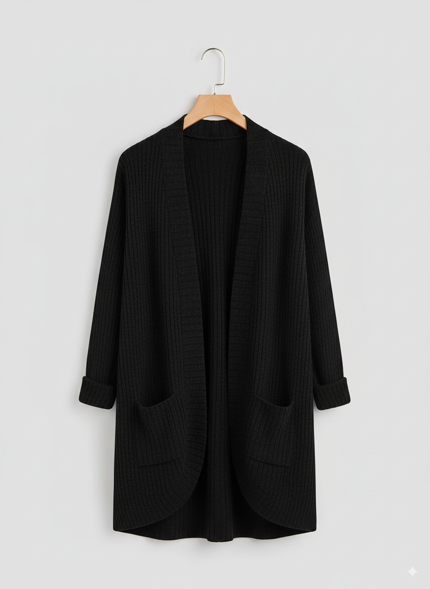 Elegante gilet cardigan aperto da donna, stile kimono autunnale. Capo chic e disponibile anche in taglie comode.