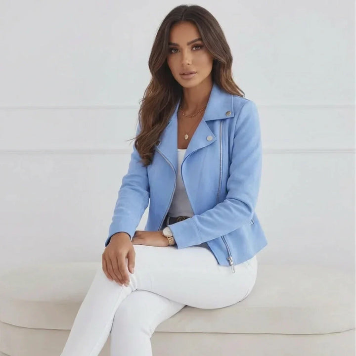 Blazer donna primaverile/autunnale, stile biker elegante per outfit casual chic e professionali.