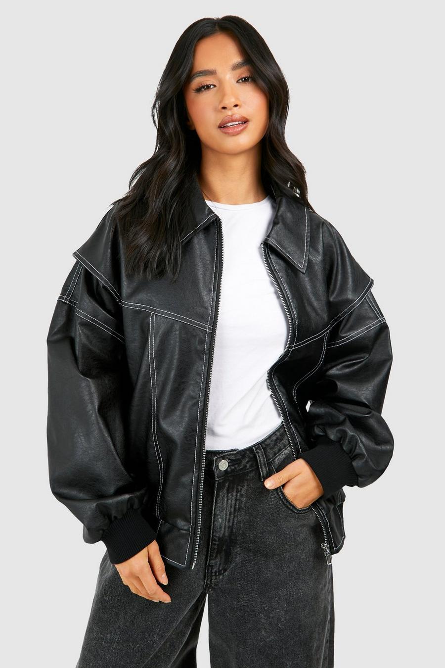 Giacca bomber donna oversize con cuciture a contrasto, stile urbano chic, ideale primavera/autunno.
