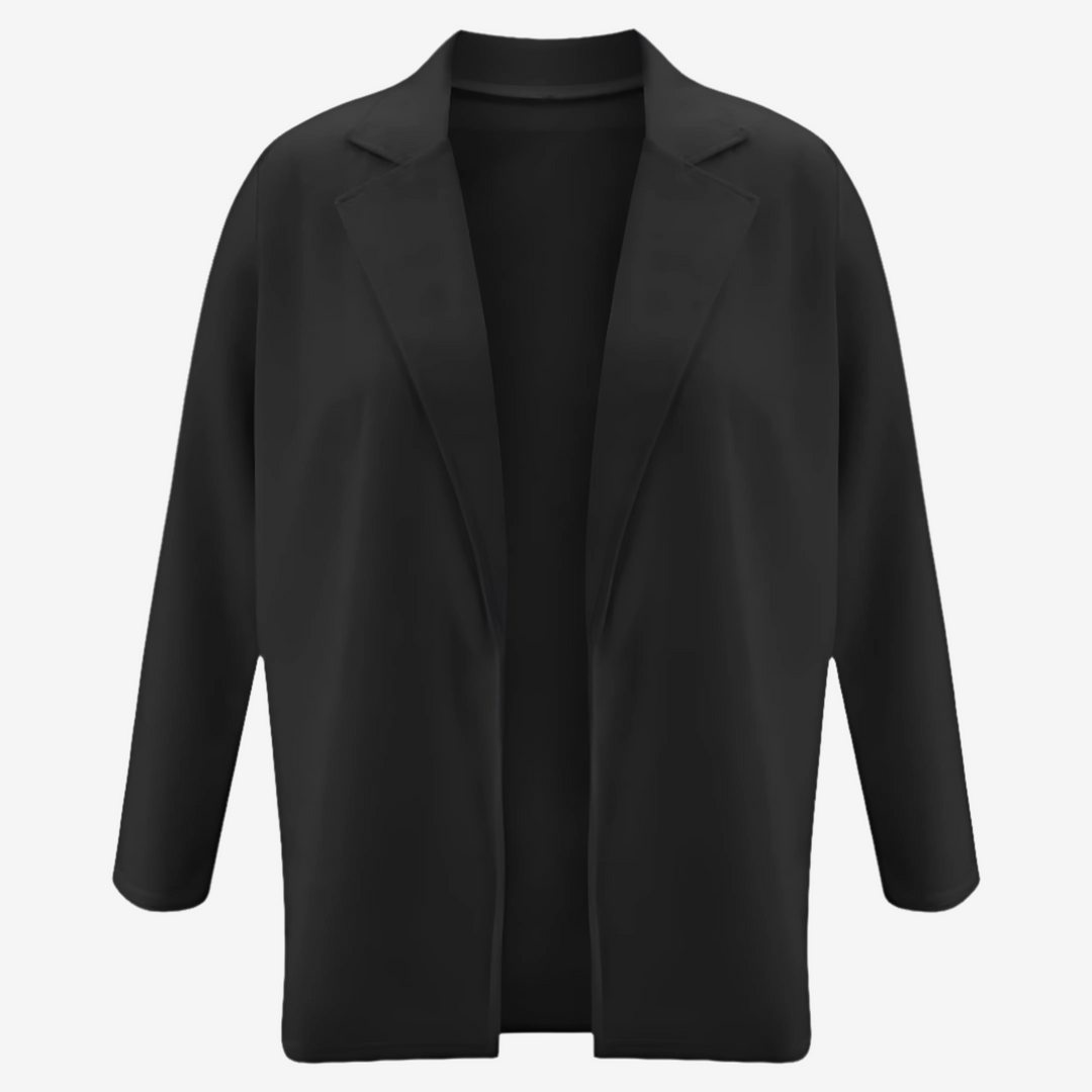 Giacca donna nera a linea lunga, blazer elegante con revers, essenziale per la moda femminile contemporanea.