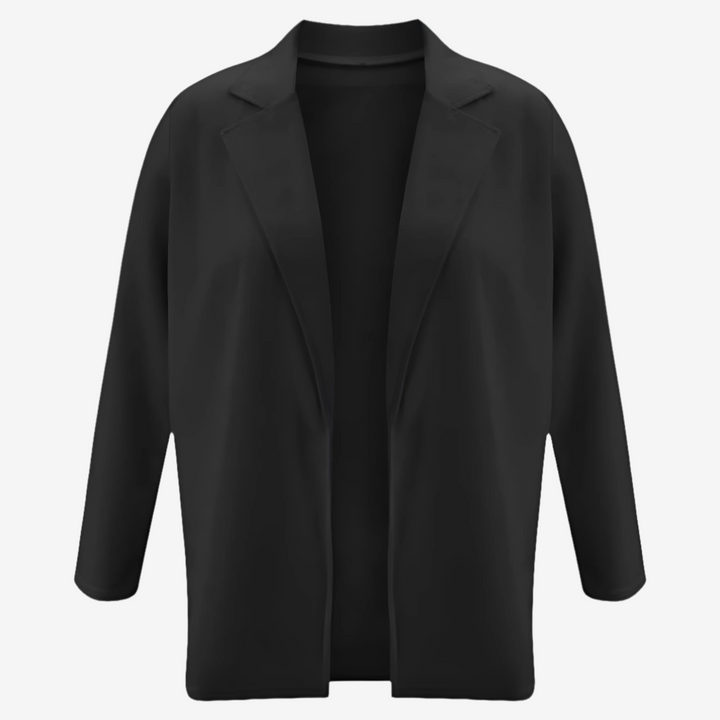 Giacca donna nera a linea lunga, blazer elegante con revers, essenziale per la moda femminile contemporanea.