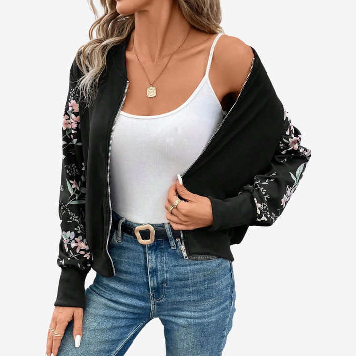 Giacca donna bomber floreale con retro, ideale per primavera e autunno, comfort assicurato.