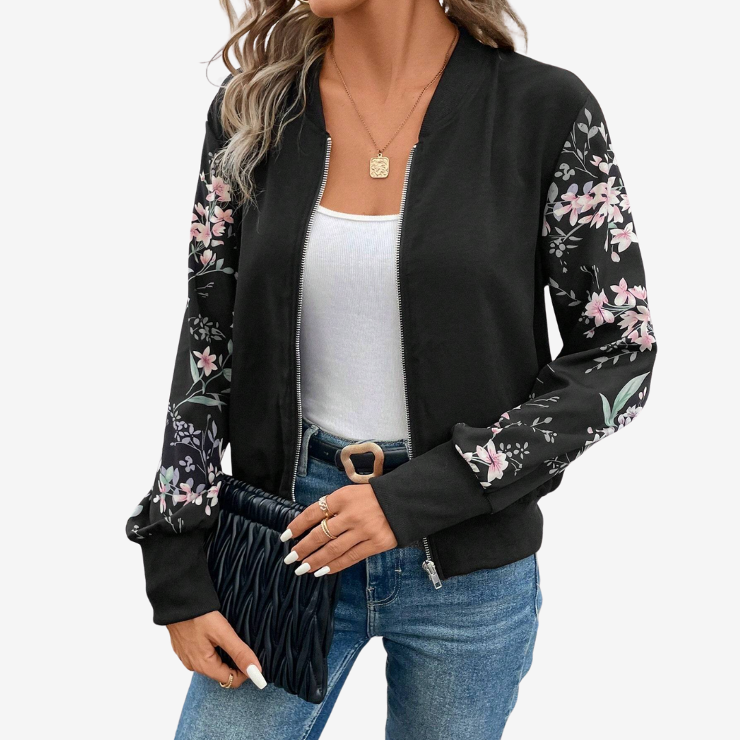 Giacca donna bomber floreale, design moderno con collo a costine, look casual per abbigliamento femminile.