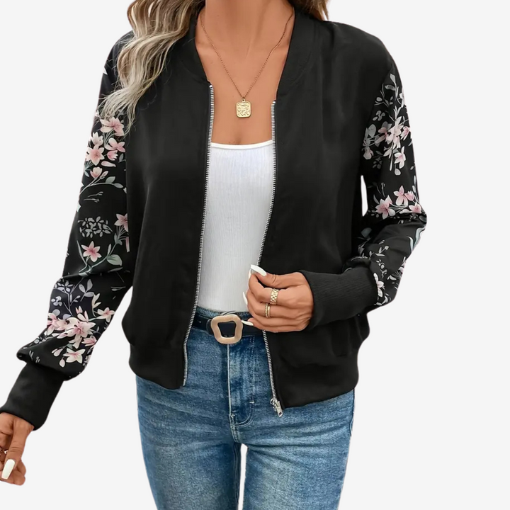 Giacca donna bomber floreale, stile casual primavera/autunno, design unico, abbigliamento femminile.