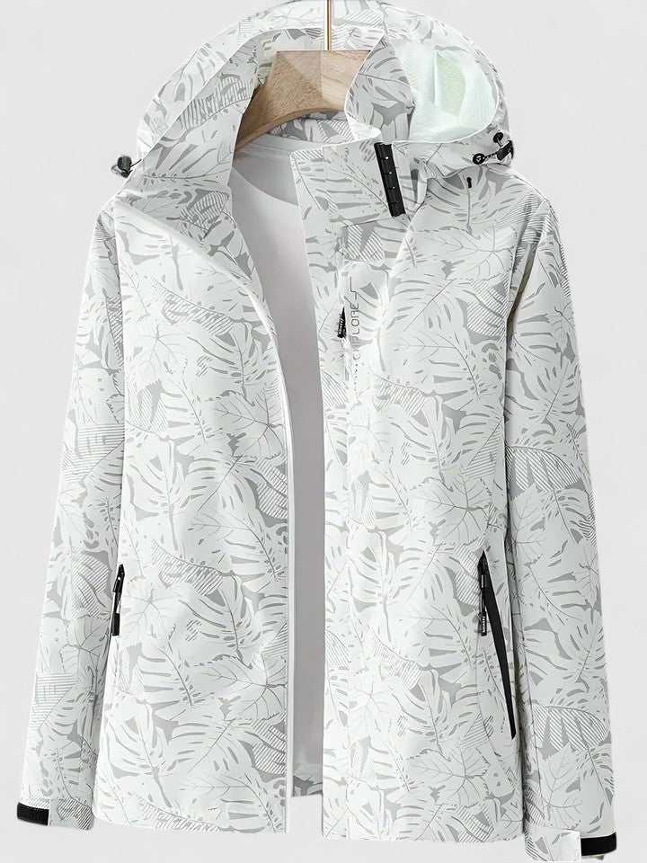 Nuova giacca da donna con cappuccio e design a fantasia tropicale, versatile per primavera e autunno casual.