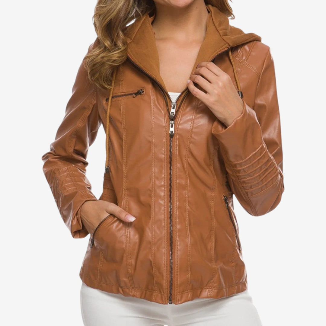 Moderna giacca sagomata da donna con cappuccio regolabile e chiusura a zip, ideale per outfit versatili.