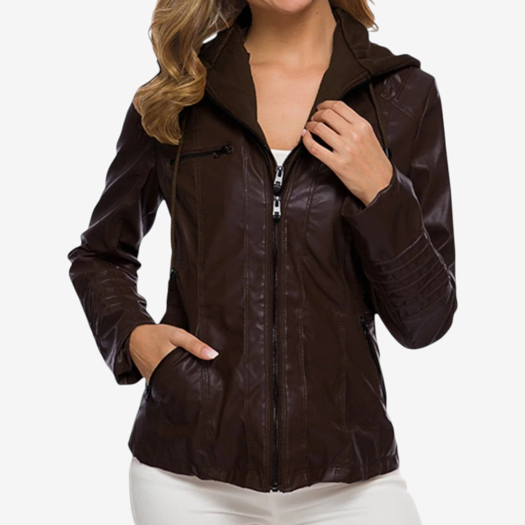 Elegante giacca primaverile/autunnale da donna, sagomata e leggera, con pratica zip e cappuccio.
