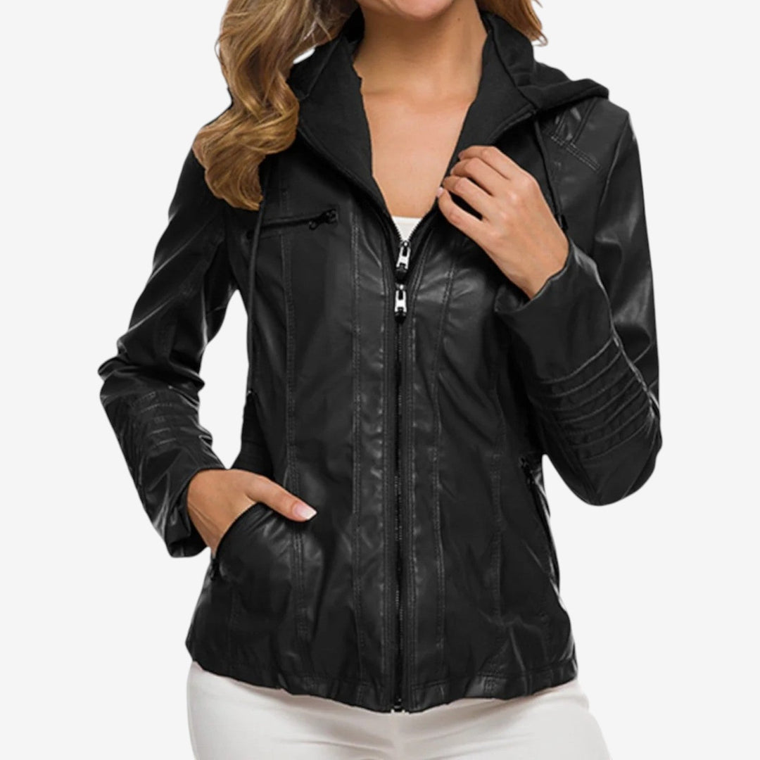 Giacca donna sagomata leggera con cappuccio e zip, perfetta per primavera/autunno, stile casual ed elegante.
