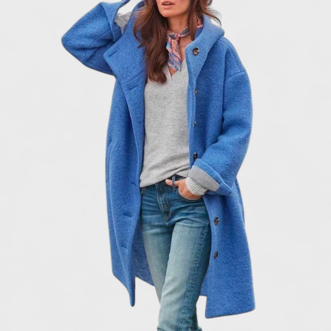 Giacca lunga donna oversize con cappuccio, ottima per un look casual autunnale/invernale alla moda.