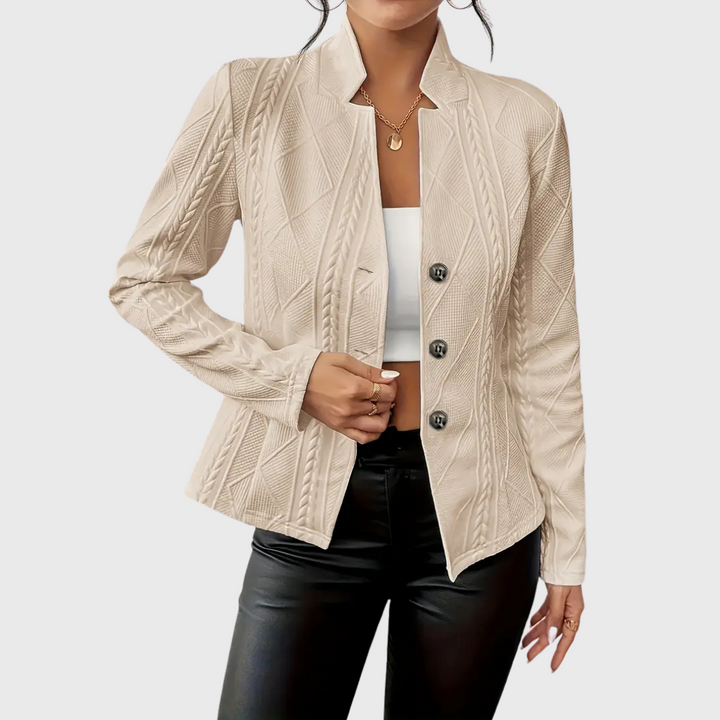 Giacca sagomata da donna con bottoni frontali e maniche lunghe, ideale per l'autunno inverno elegante.