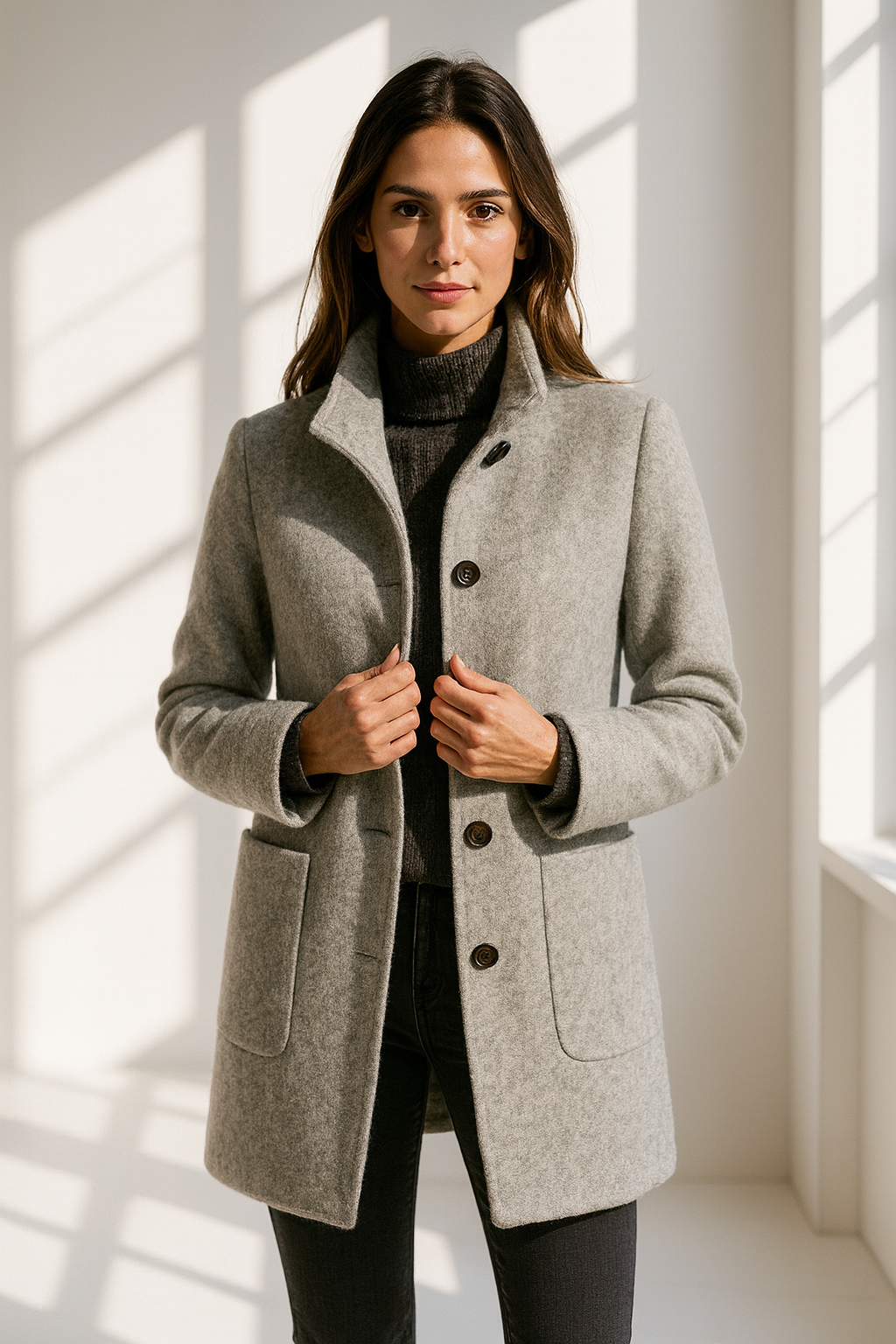 Cappotto donna casual-elegante AW con collo alto, bottoni e tasche frontali.