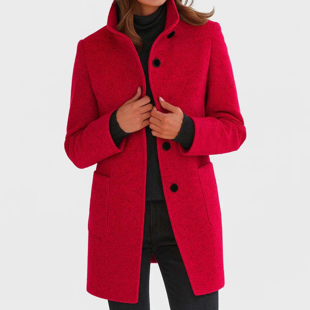 Giacca donna elegante casual, ideale per autunno inverno, con collo alto e bottoni.