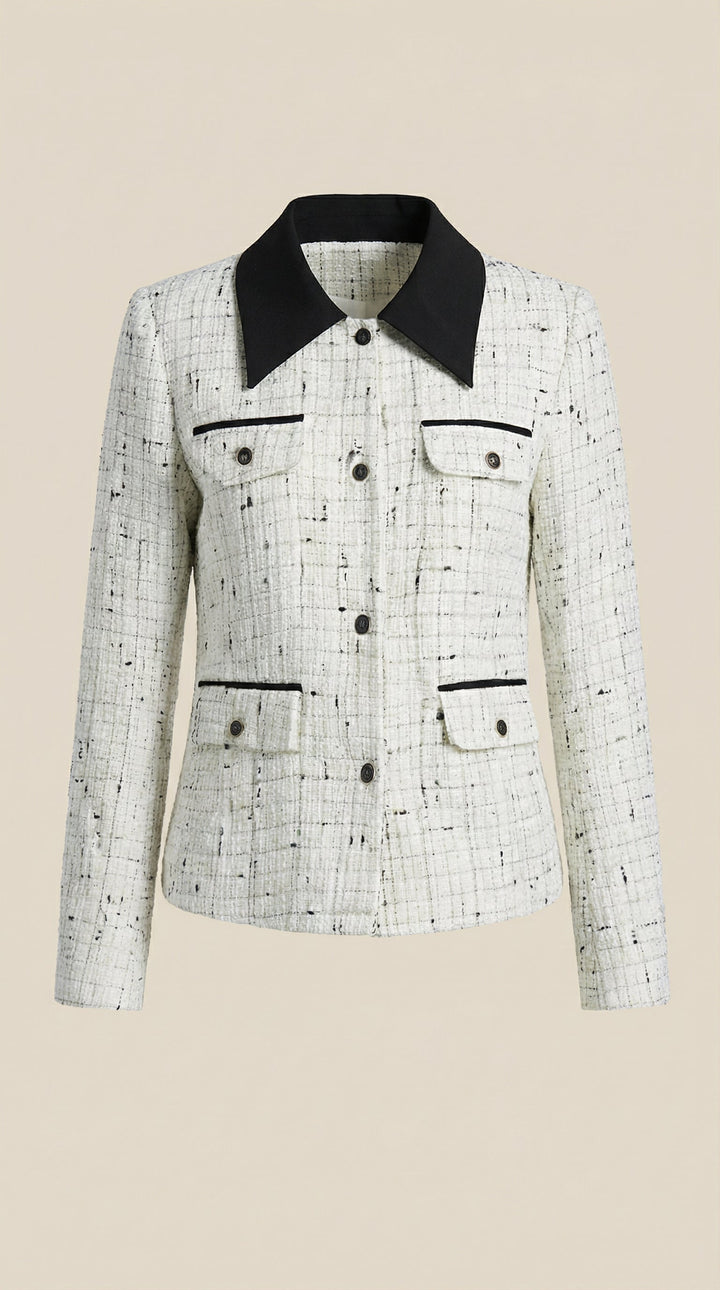 Giacca donna elegante e versatile bianca per primavera autunno. Collo a contrasto, un must-have chic per ogni guardaroba.