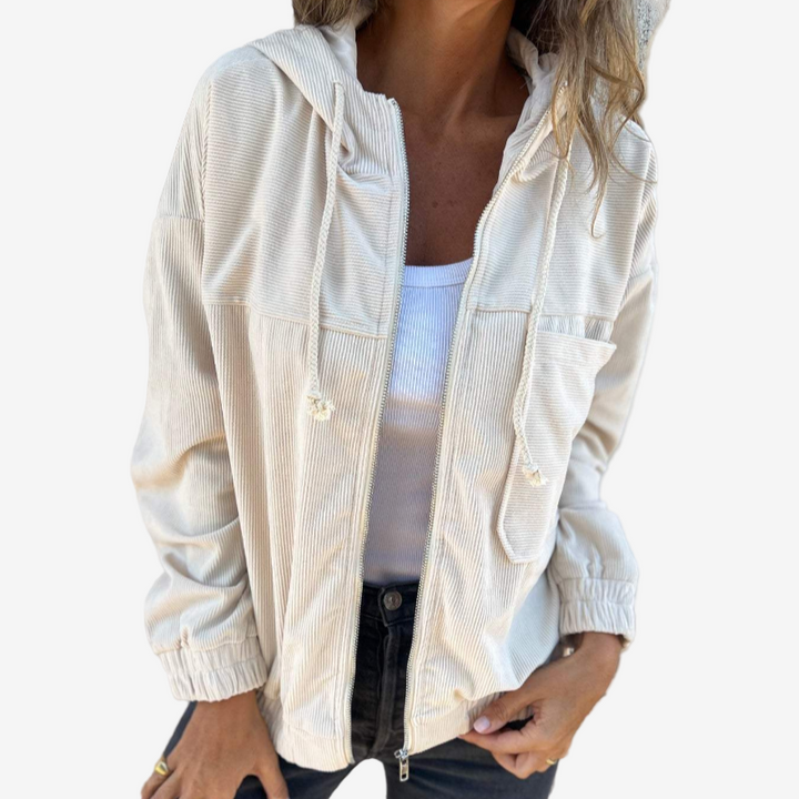 Giacca donna leggera con cappuccio e zip frontale, perfetta per primavera e autunno, stile casual e confortevole.
