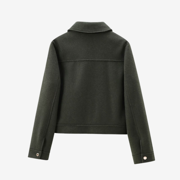 Elegante giacca corta da donna con cerniera e colletto, ideale per l'autunno-inverno e abbigliamento versatile.
