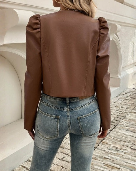 Giacca donna corta elegante slim fit con maniche a sbuffo, per un look chic versatile primavera/autunno.
