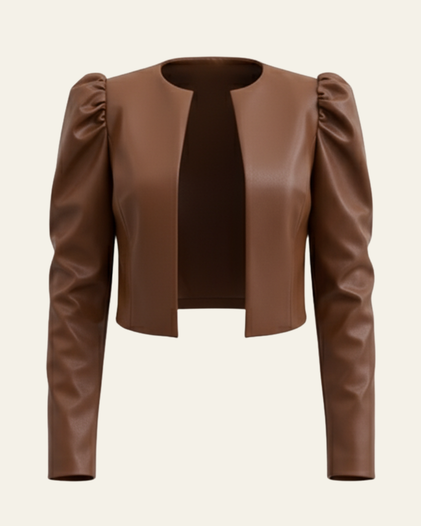 Giacca donna corta marrone elegante con maniche a sbuffo, perfetta per outfit primaverili e autunnali.