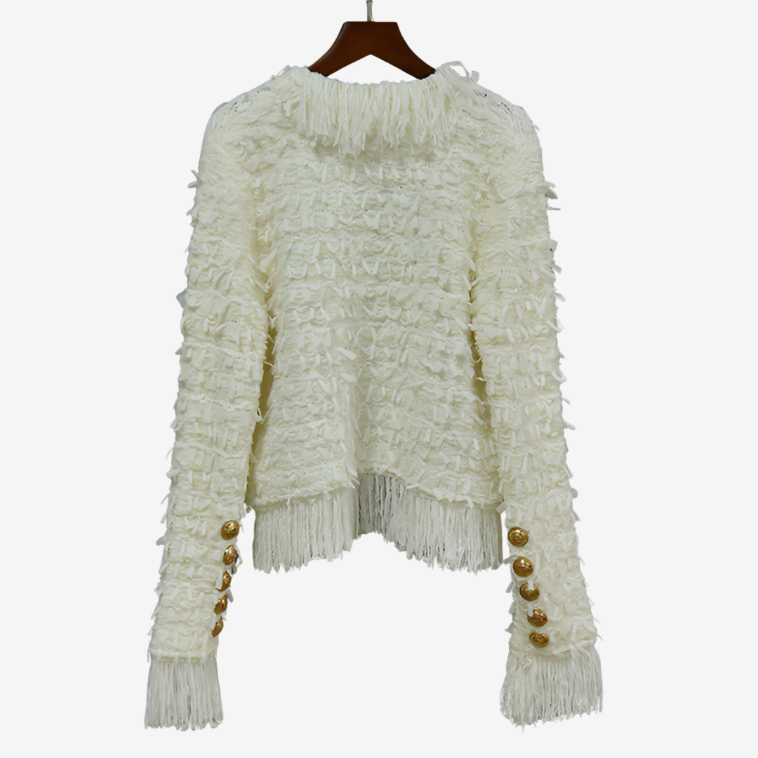 Chic giacca da donna effetto tweed blu bianco, con raffinate frange e bottoni gioiello per un look invernale.