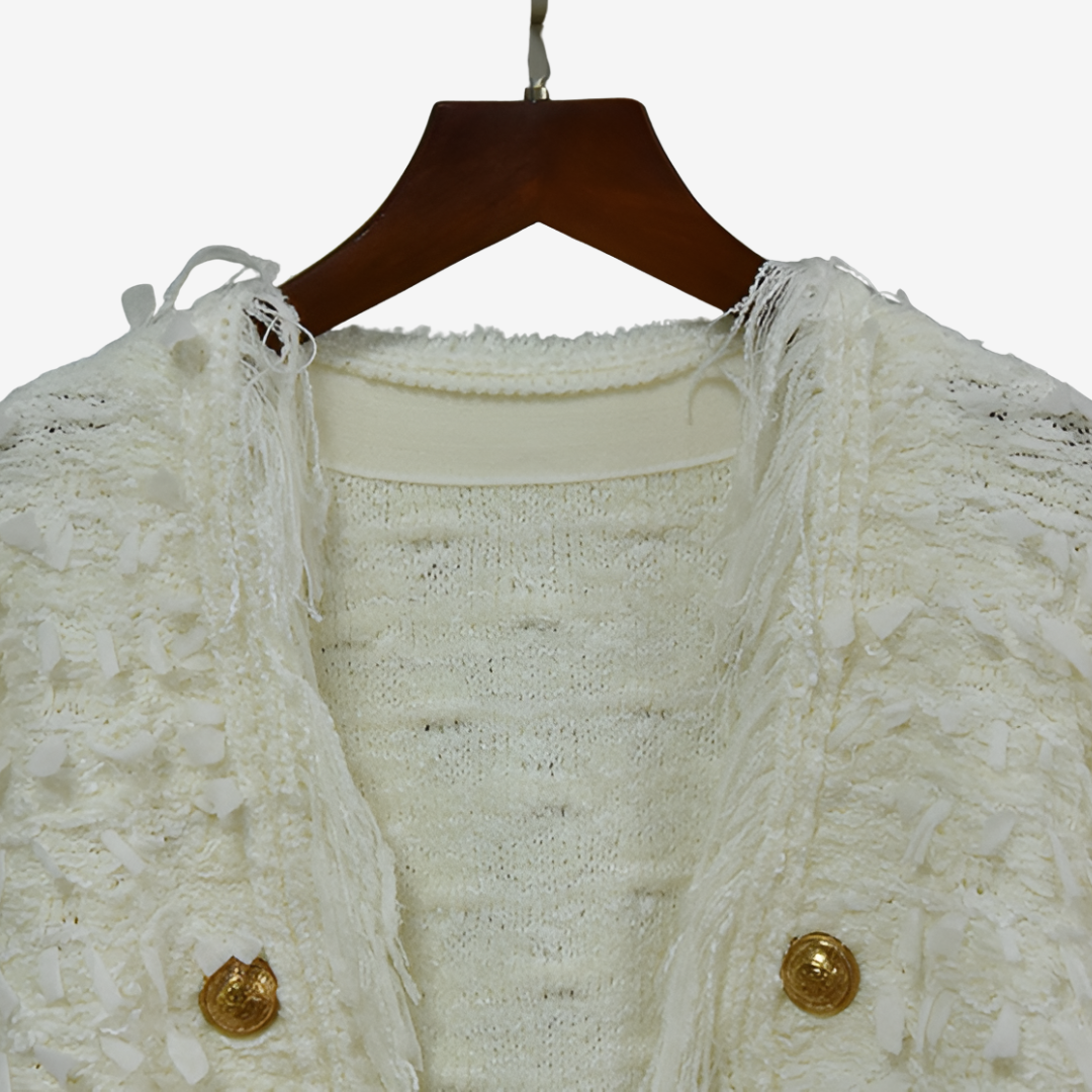 Capospalla donna moda autunno/inverno: giacca tweed elegante blu/bianco, con frange e bottoni gioiello.
