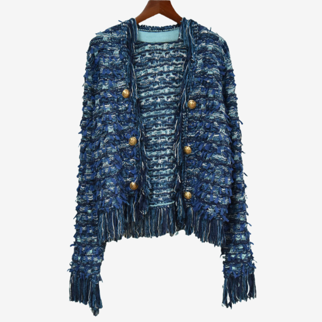 Giacca donna chic in tweed blu e bianco con frange e bottoni gioiello, perfetta per l'autunno inverno.