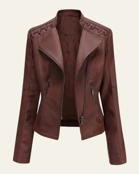 Giacca donna biker nera, vestibilità slim. Look audace ed elegante per ogni occasione.