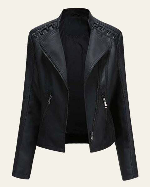 Giacca donna biker nera slim fit, elegante e audace. Capospalla versatile per moda femminile.