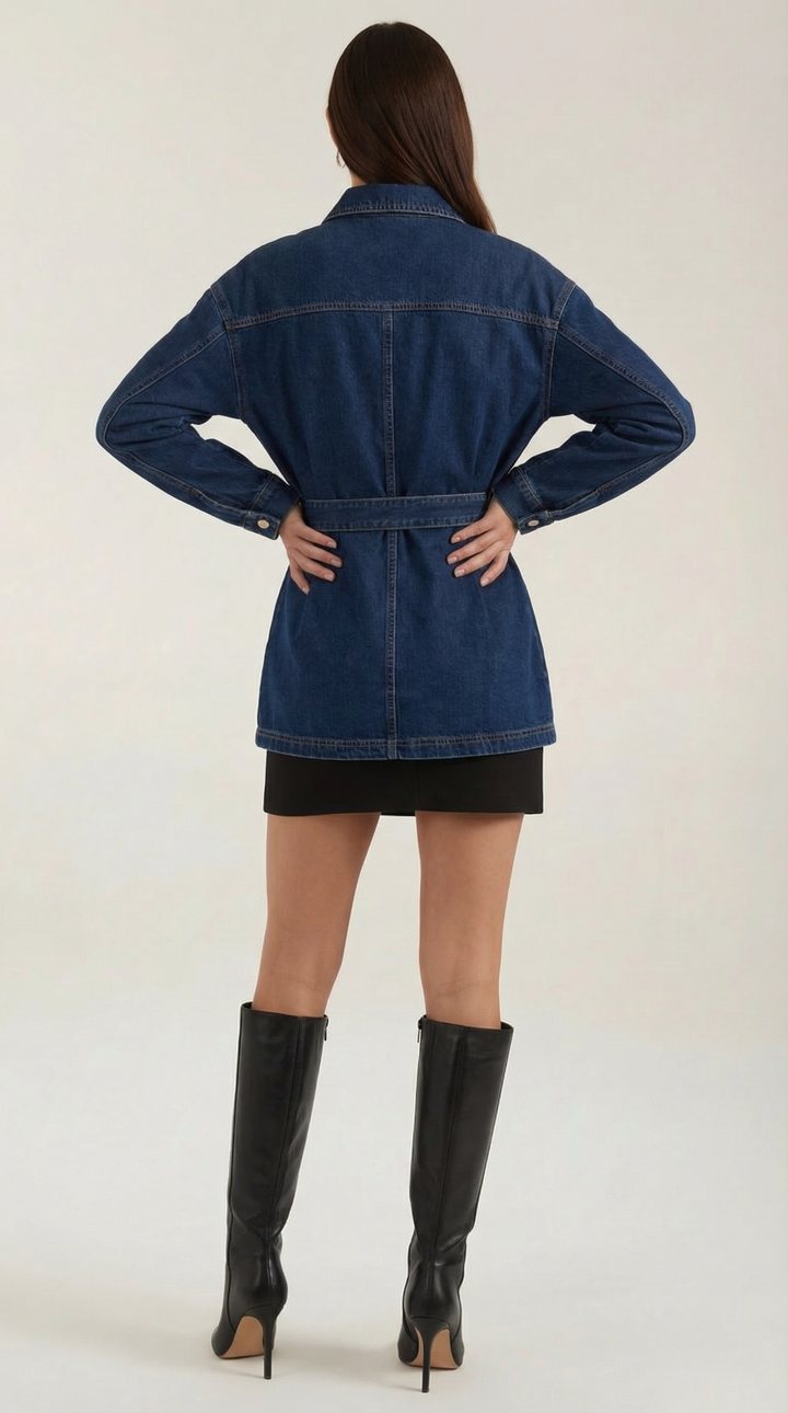 Moderna giacca donna blu oversize con cintura, per un tocco di stile elegante e contemporaneo.