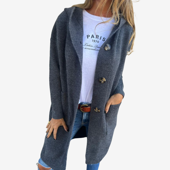 Cappotto lungo da donna, avvolgente e confortevole, con cappuccio. Ideale per l'abbigliamento invernale casual.