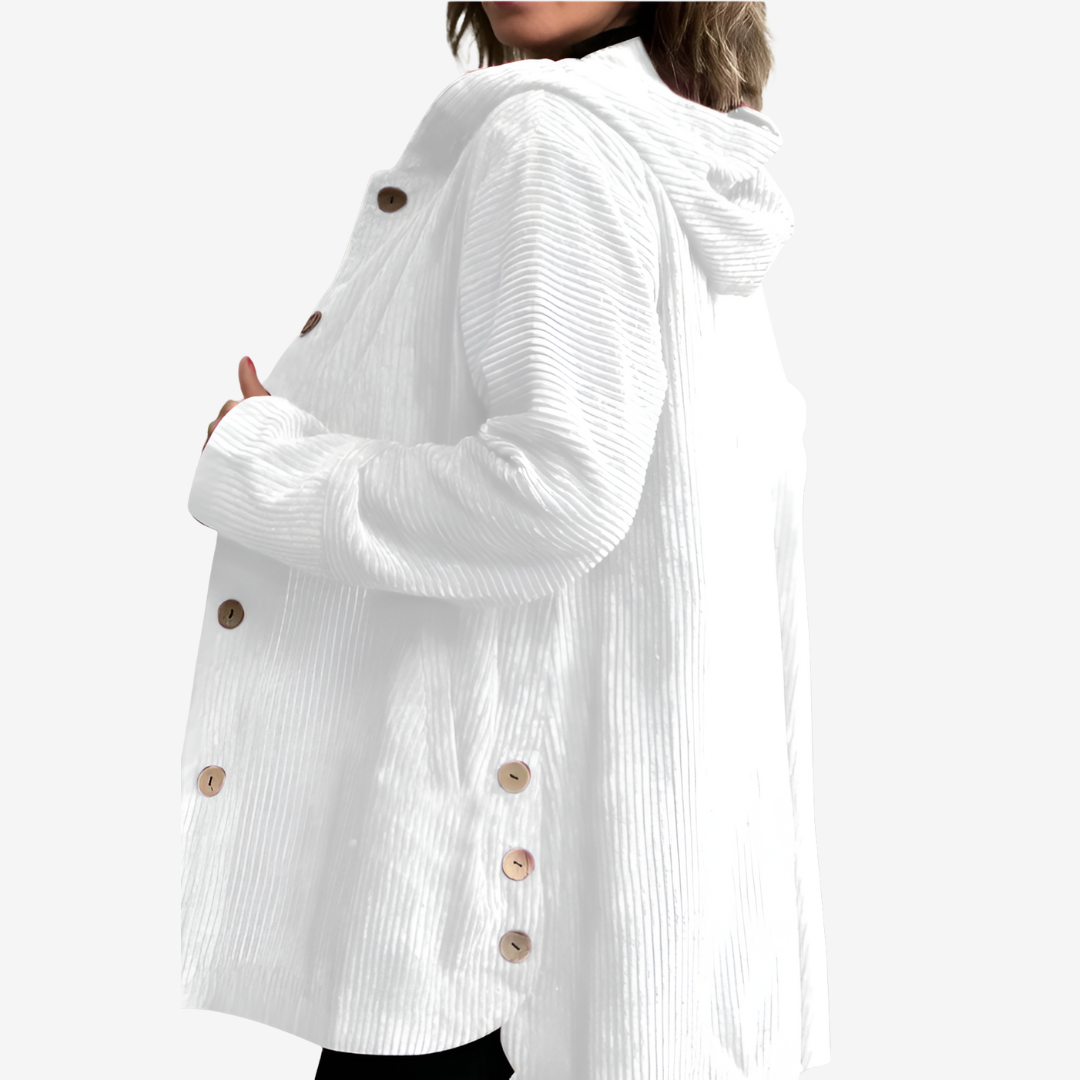 Giacca donna lunga con cappuccio, chiusura a bottoni. Comfort e stile casual per ogni giorno.